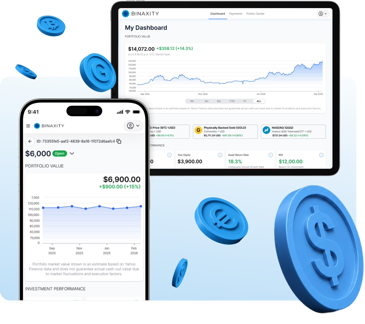 Binaxity dashboard and identity verification shown across devices